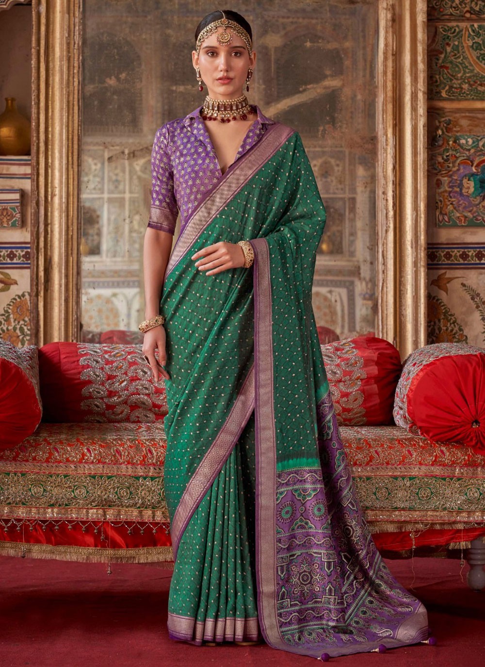 Traditional Printed Green Silk Saree S13691