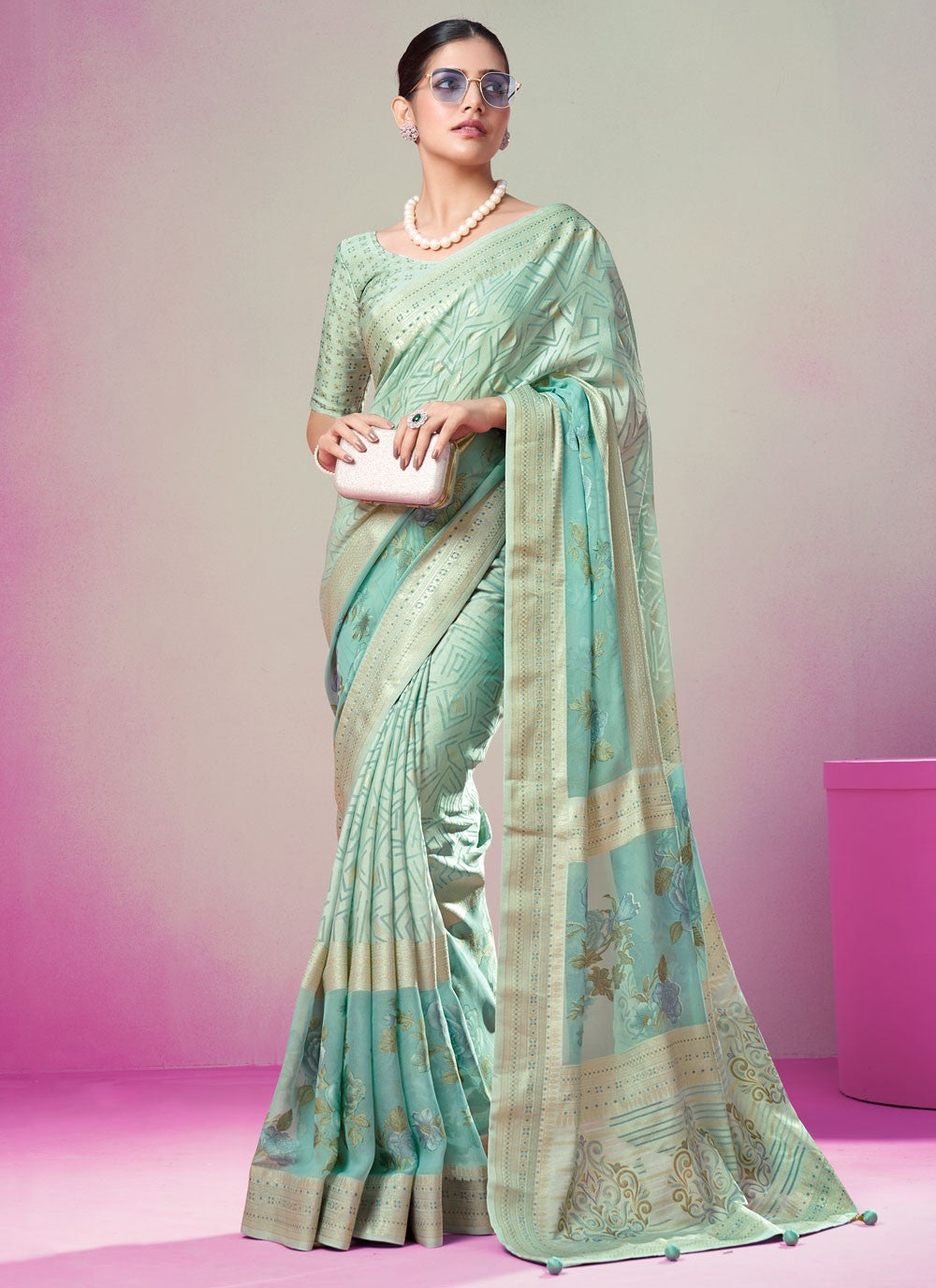 Traditional Printed Turquoise Georgette Saree S13364