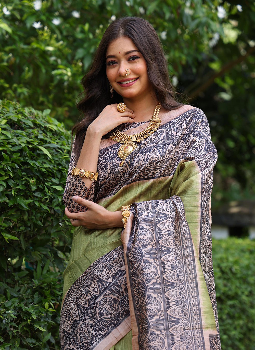 Contemporary Printed Green Tussar Silk Saree S12535