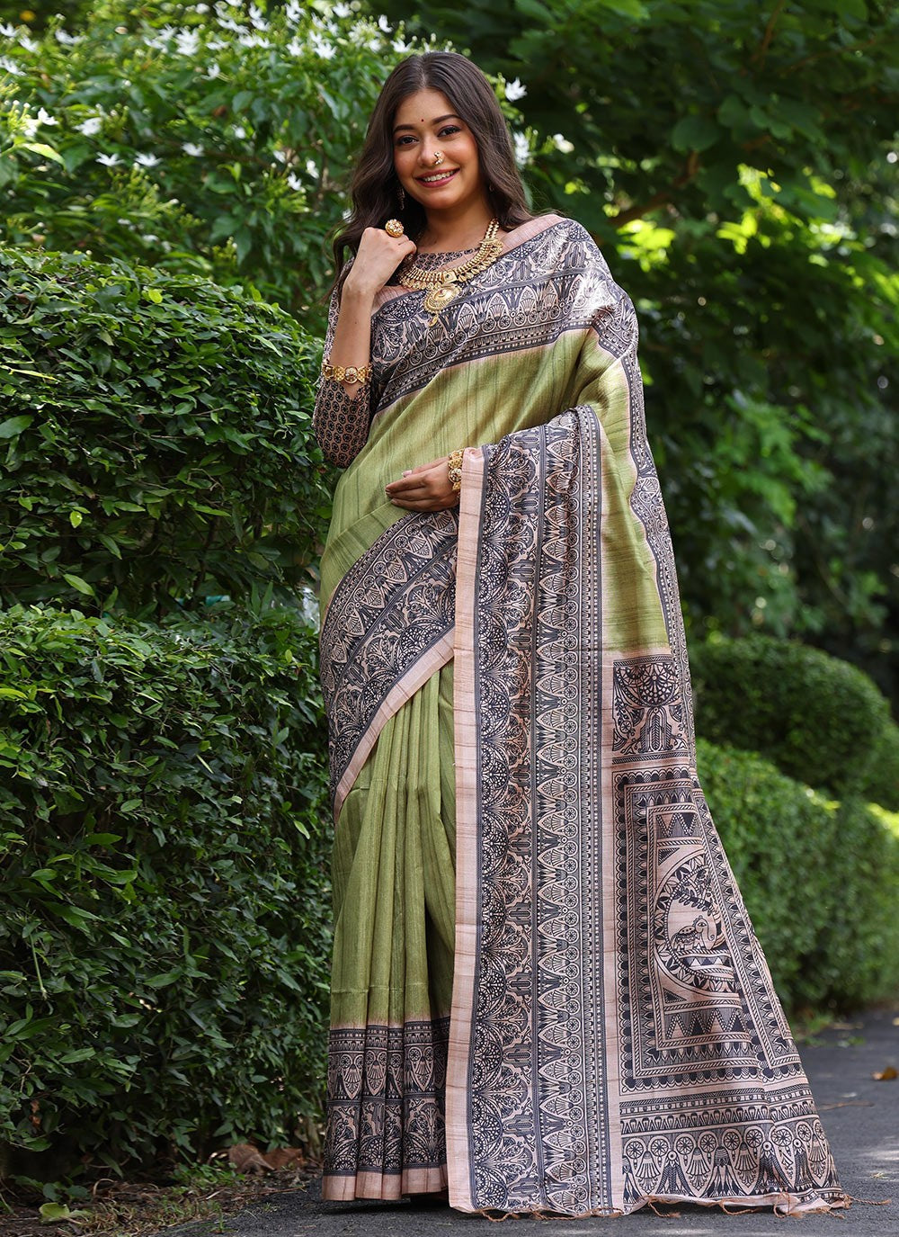 Contemporary Printed Green Tussar Silk Saree S12535
