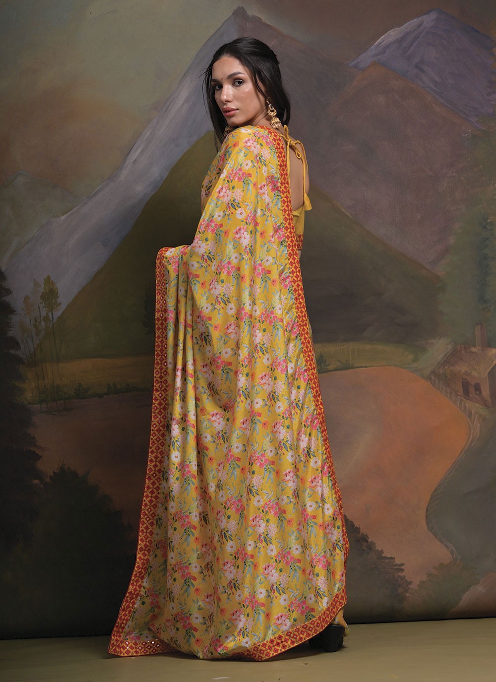 Trendy Border Work Chinon Saree - S4777