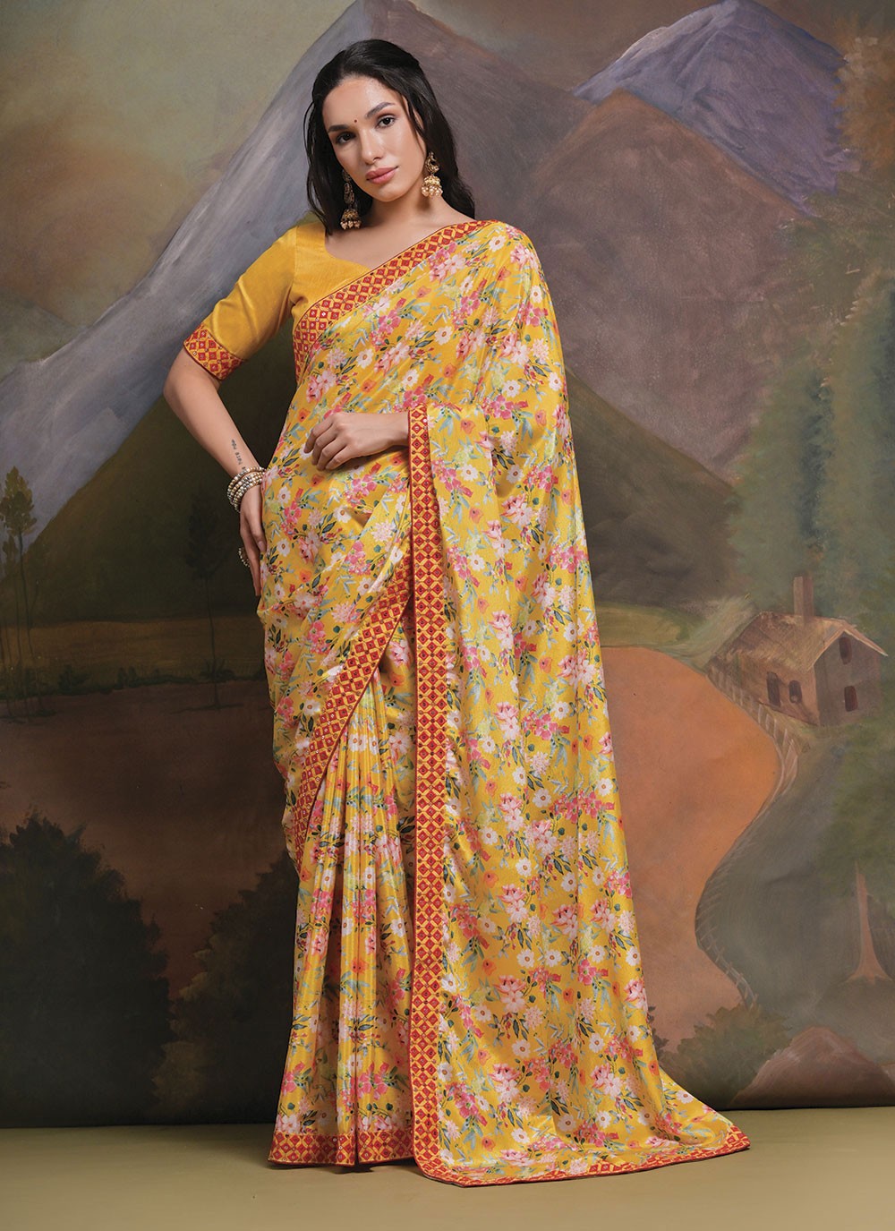Trendy Border Work Chinon Saree - S4777