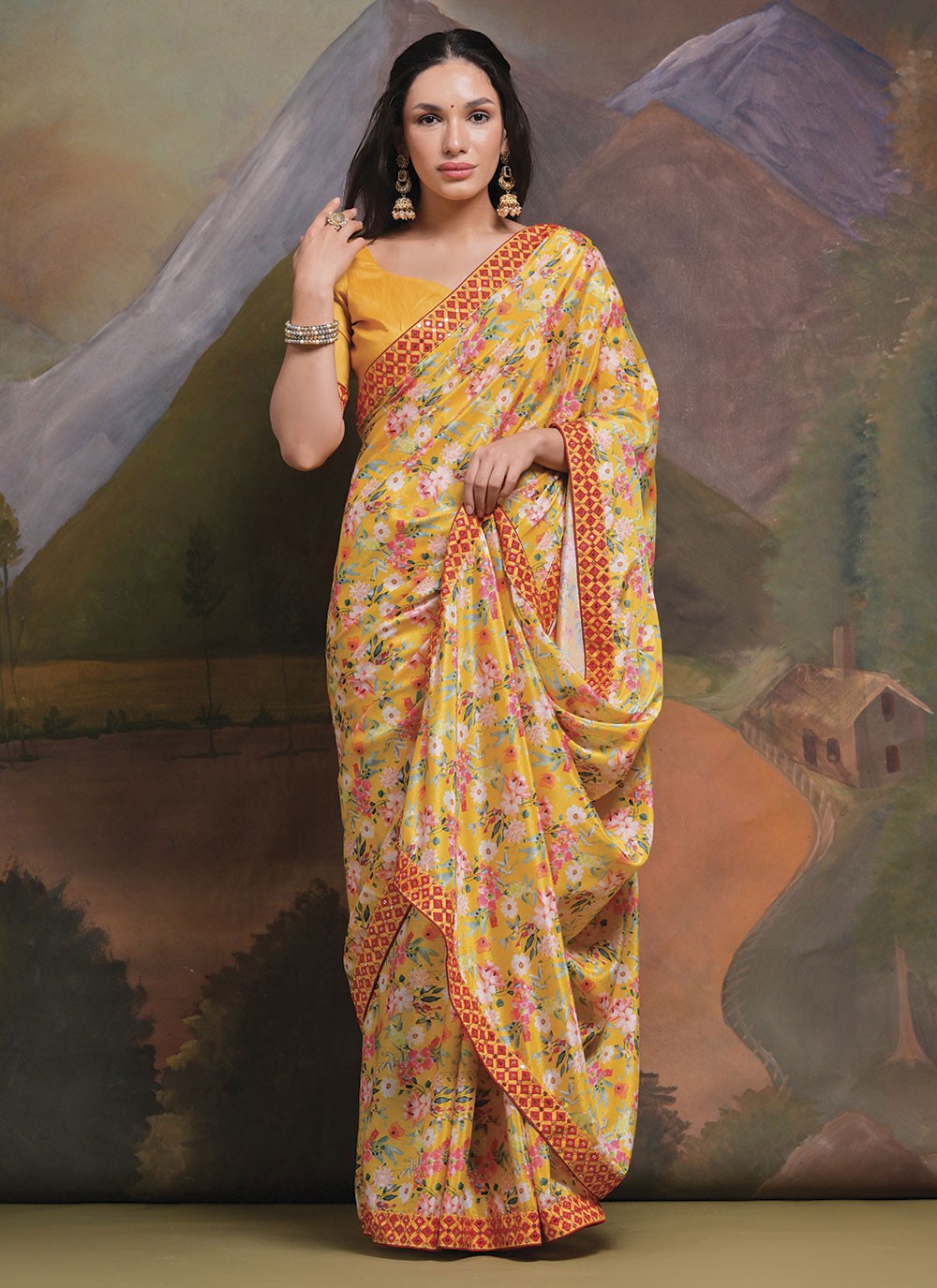 Trendy Border Work Chinon Saree - S4777