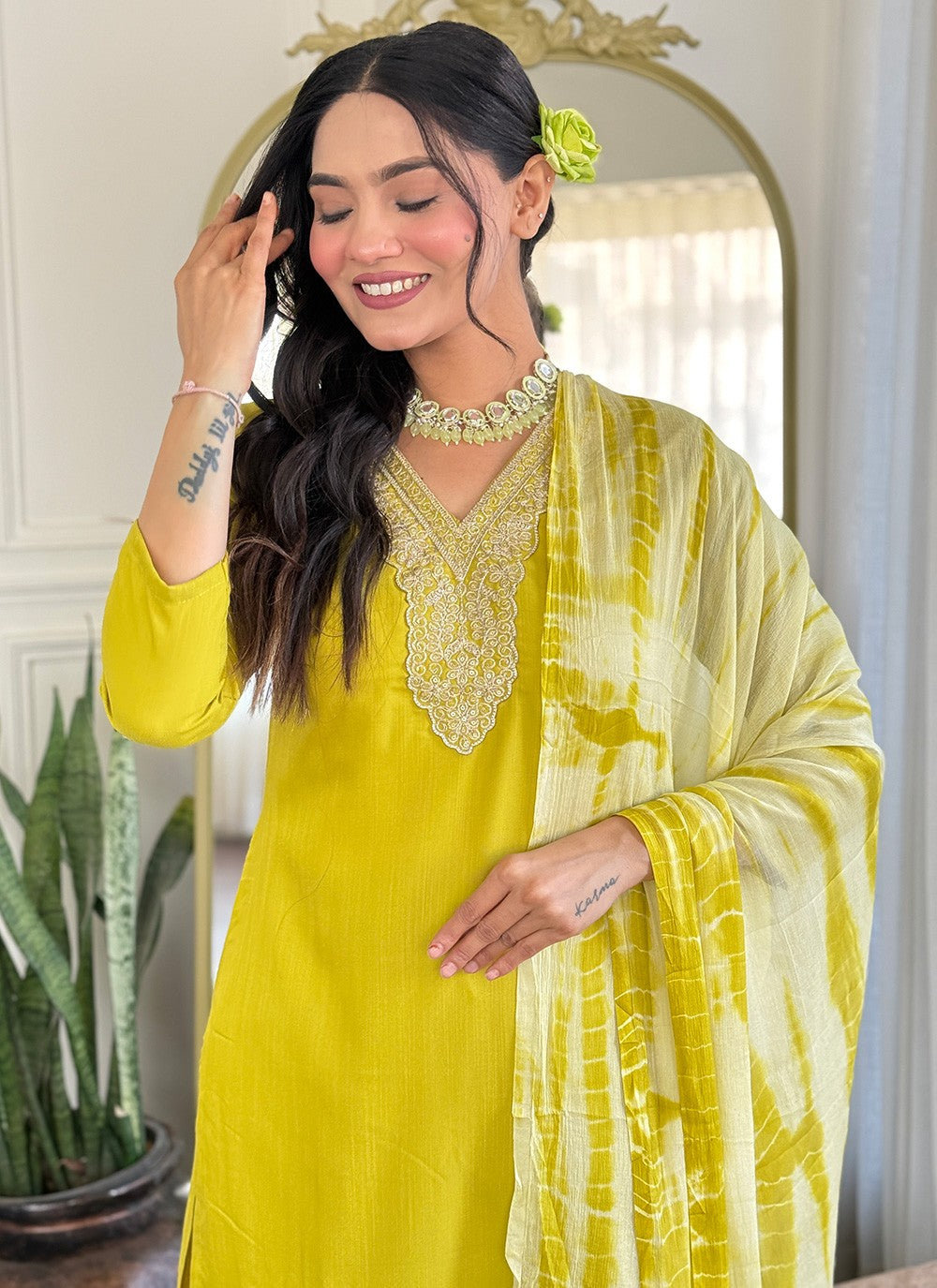 Salwar Suit Embroidered, Printed Yellow T7362
