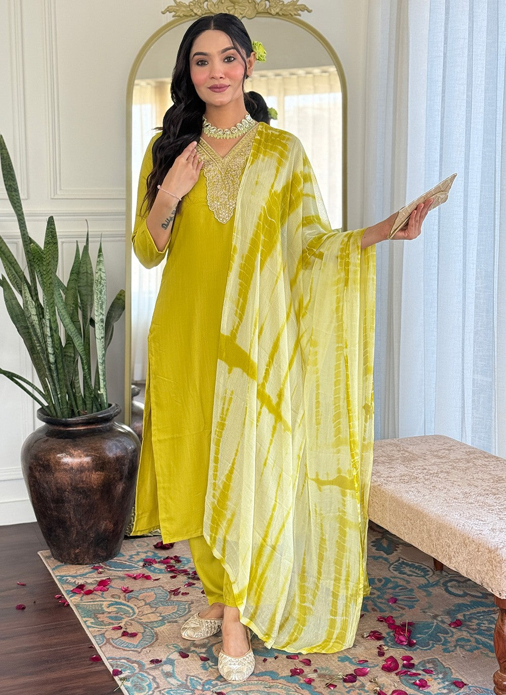 Salwar Suit Embroidered, Printed Yellow T7362