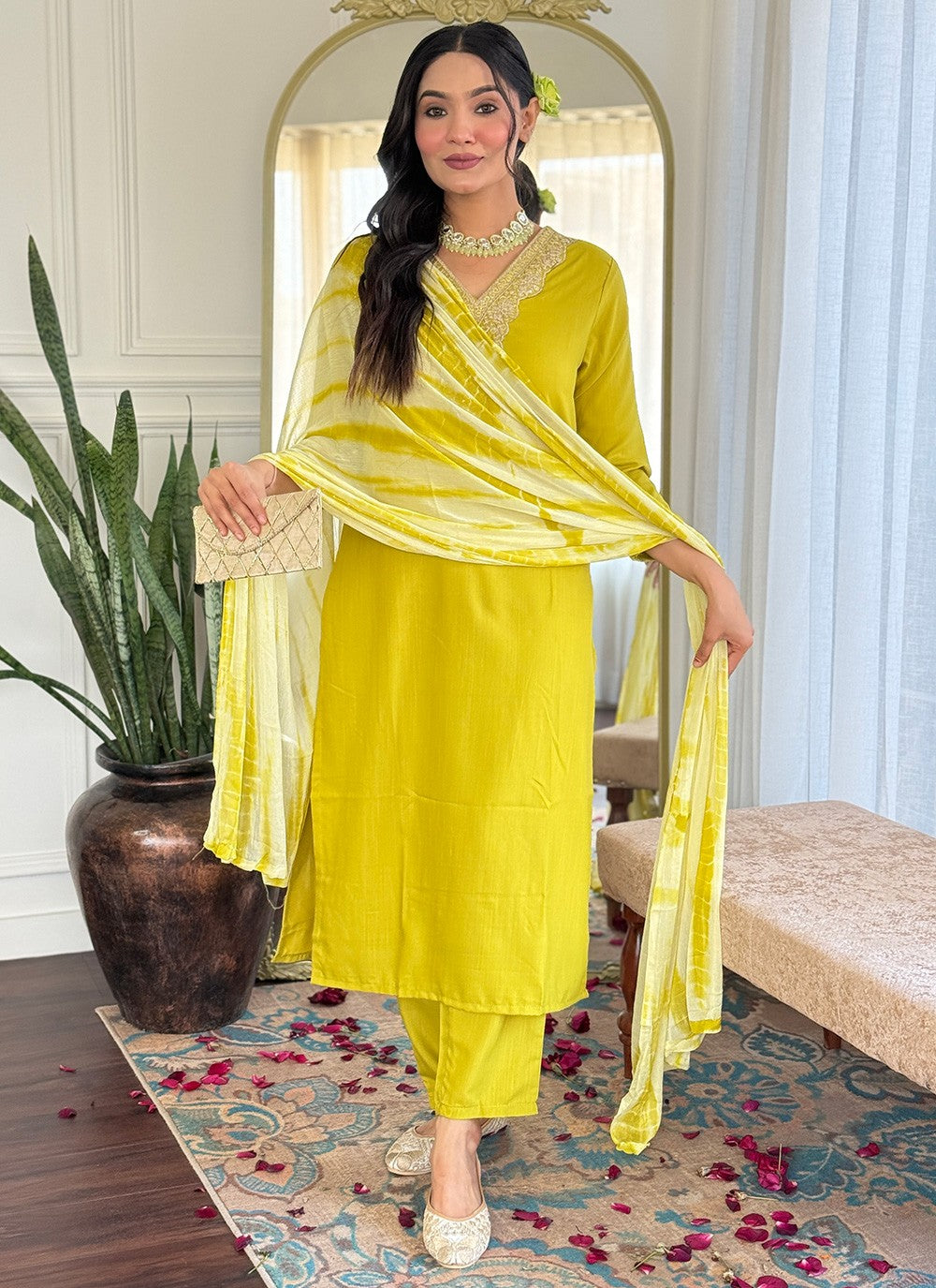 Salwar Suit Embroidered, Printed Yellow T7362