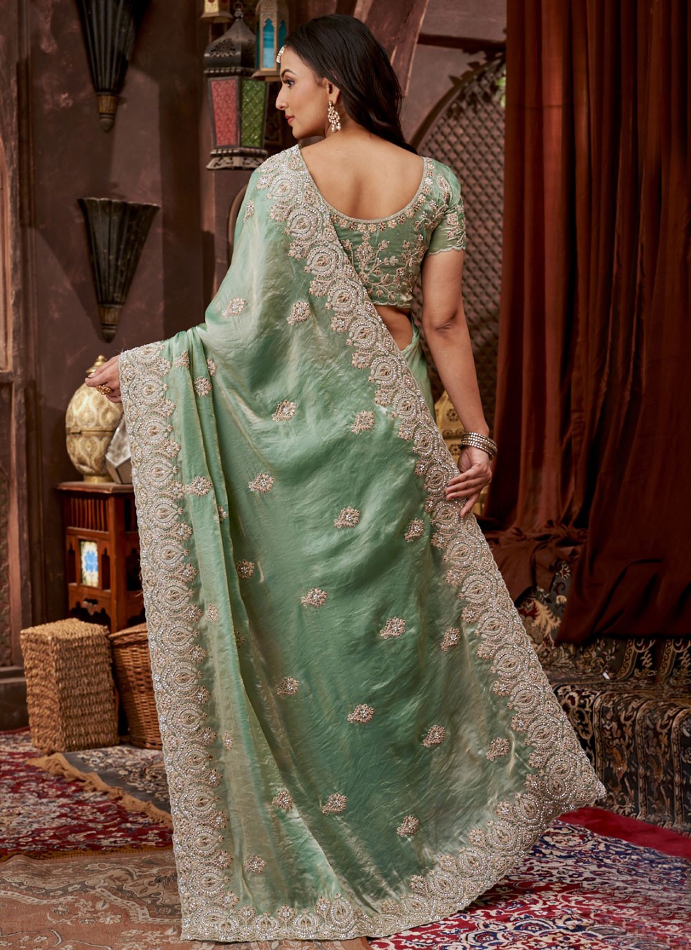 Teal Pure Chiffon Classic Saree Embroidered, Stones, Zari S15886