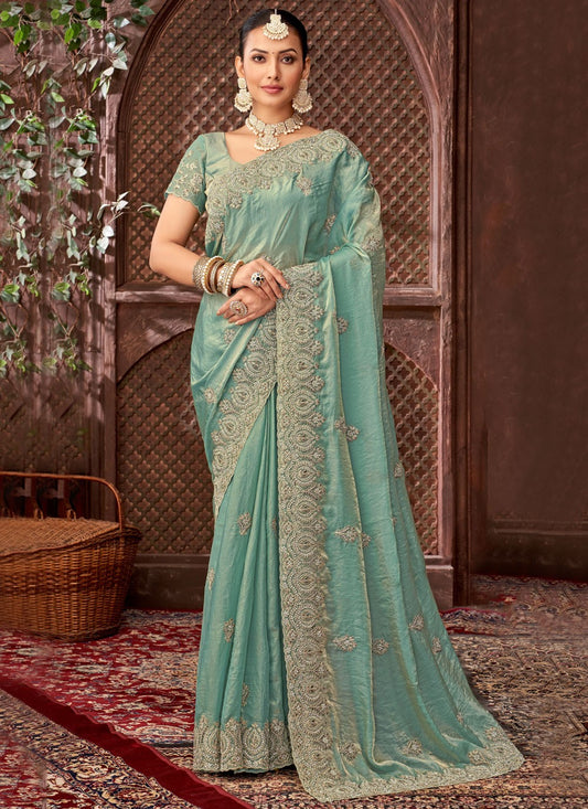Teal Pure Chiffon Classic Saree Embroidered, Stones, Zari S15886