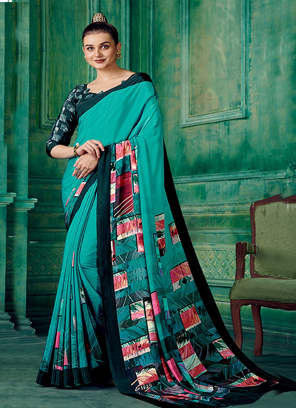 Classic Abstract Print Pure Crepe Saree - S7166