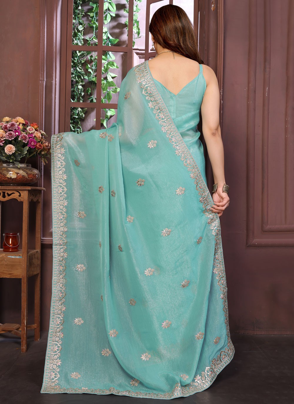 Aqua Blue Pure Crepe Designer Saree Embroidered, Zari S15741