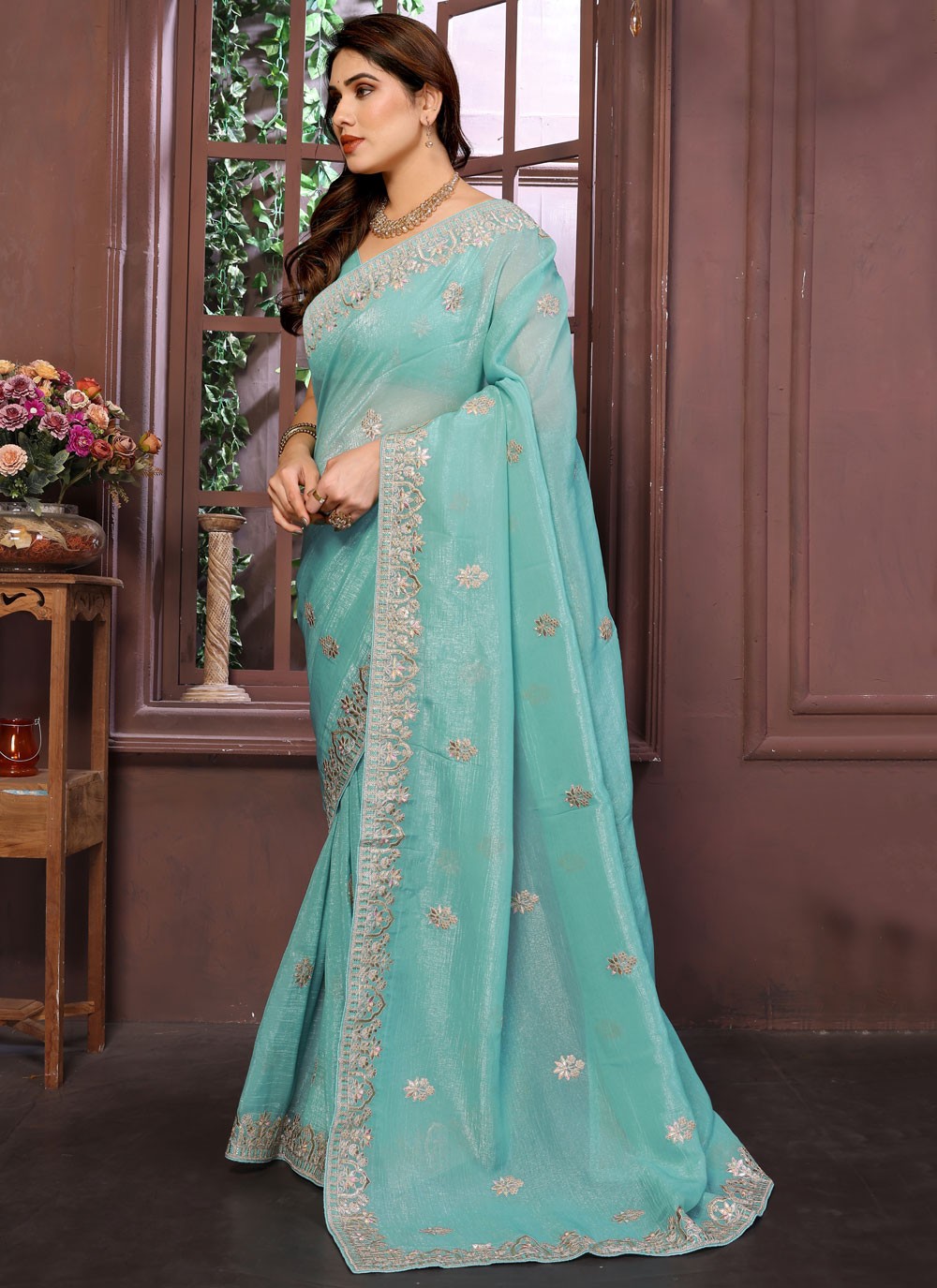 Aqua Blue Pure Crepe Designer Saree Embroidered, Zari S15741