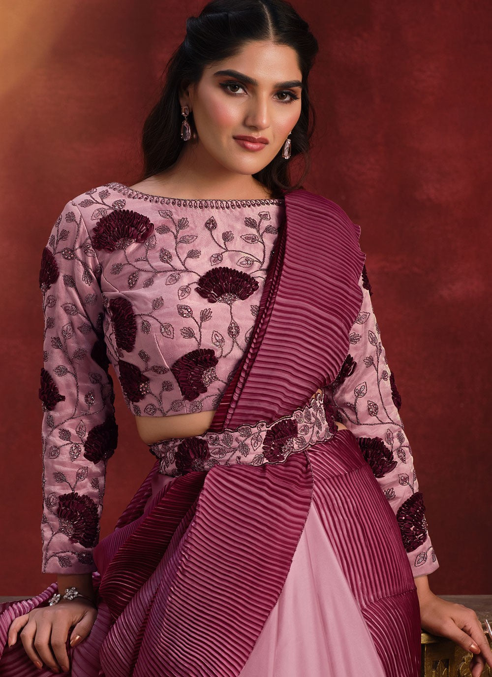 Embroidered Pure Crepe Pink Classic Saree S15340