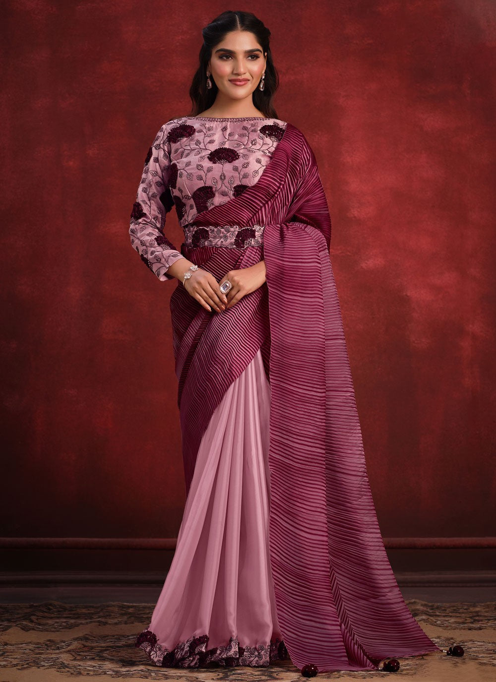 Embroidered Pure Crepe Pink Classic Saree S15340
