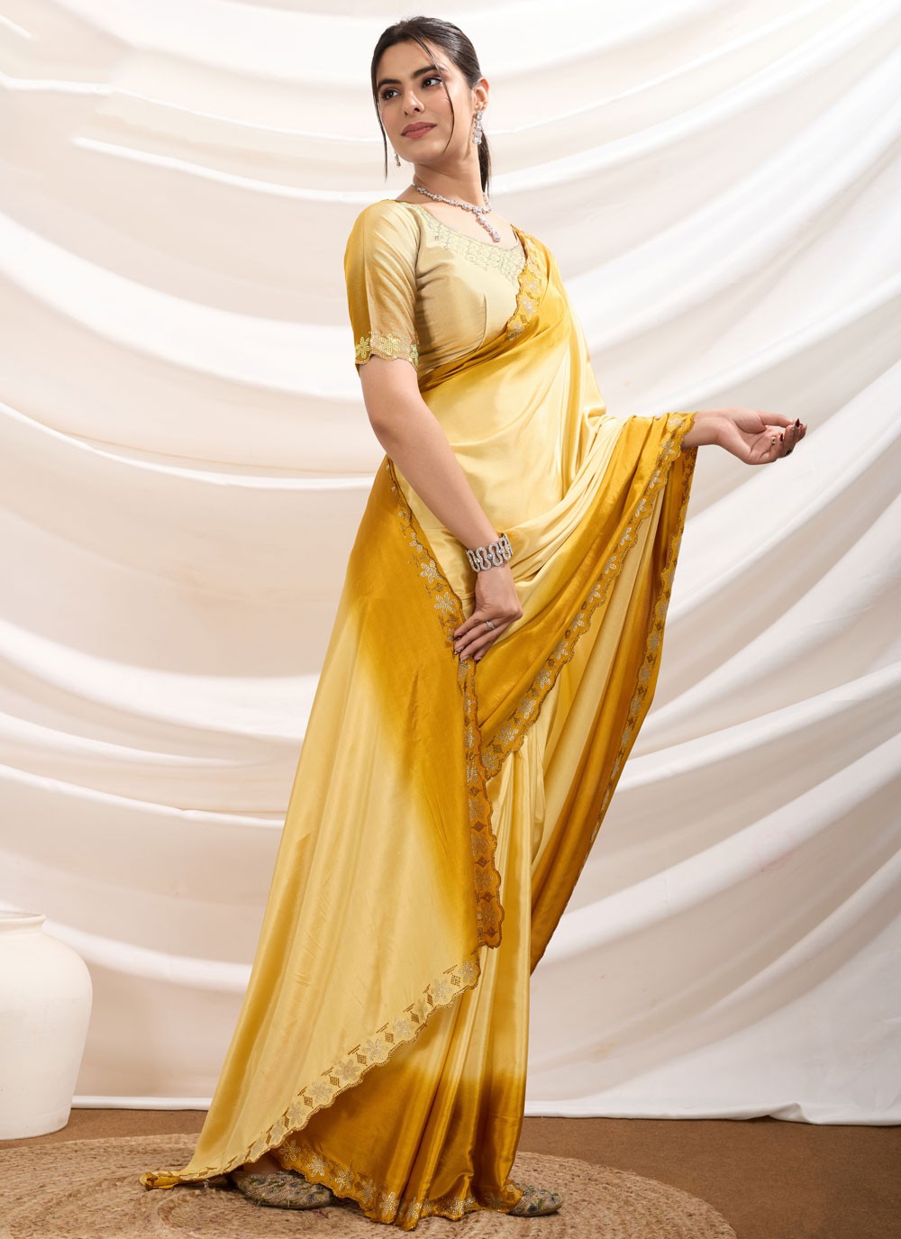 Cut Work Pure Crepe Yellow Contemporary Saree S15169