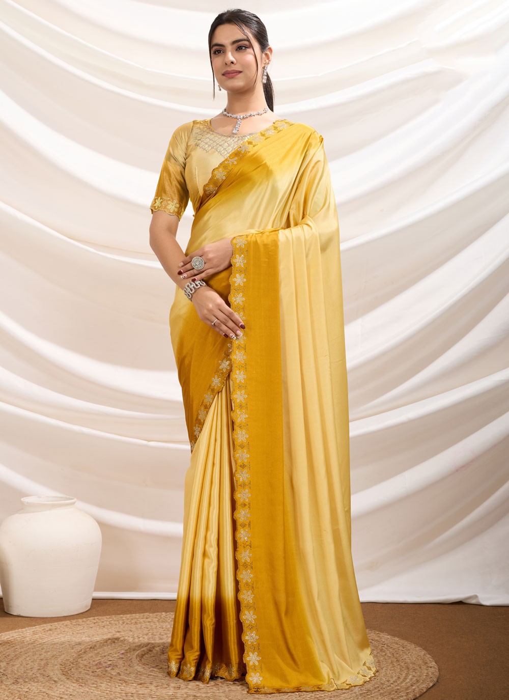 Cut Work Pure Crepe Yellow Contemporary Saree S15169
