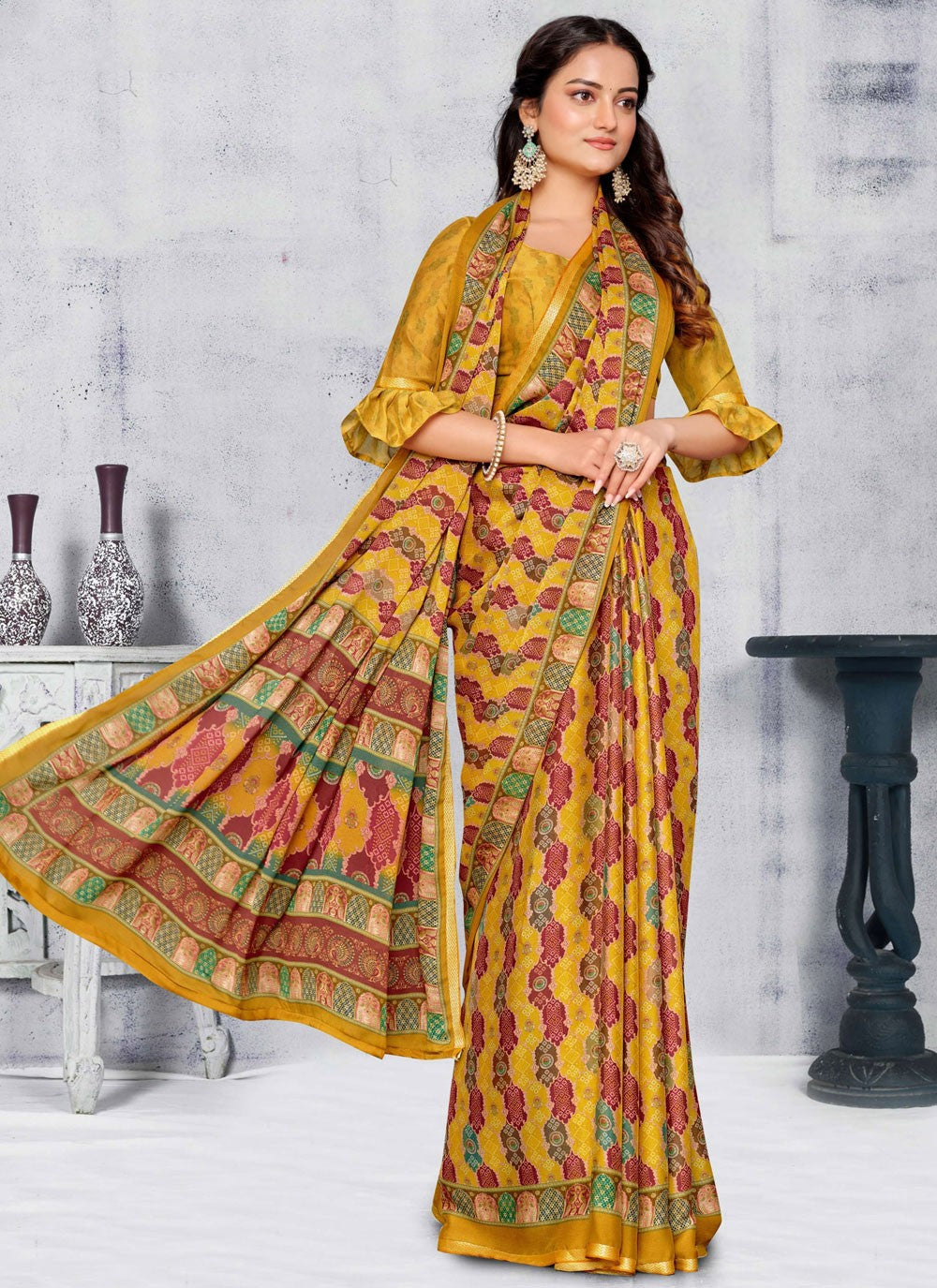 Designer Printed Mustard Pure Crepe S12520