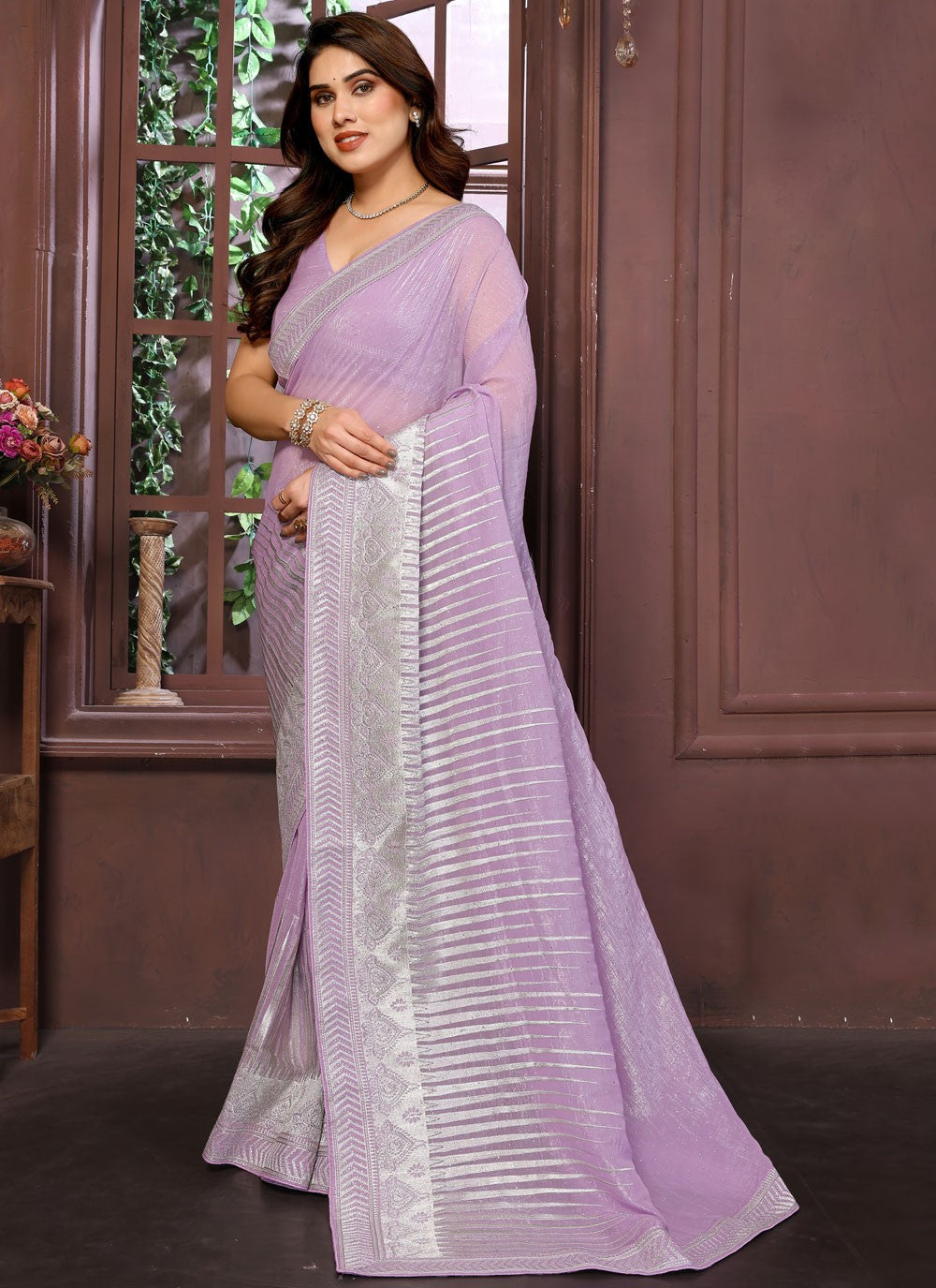 Lavender Pure Crepe Designer Saree Embroidered, Zari S15737