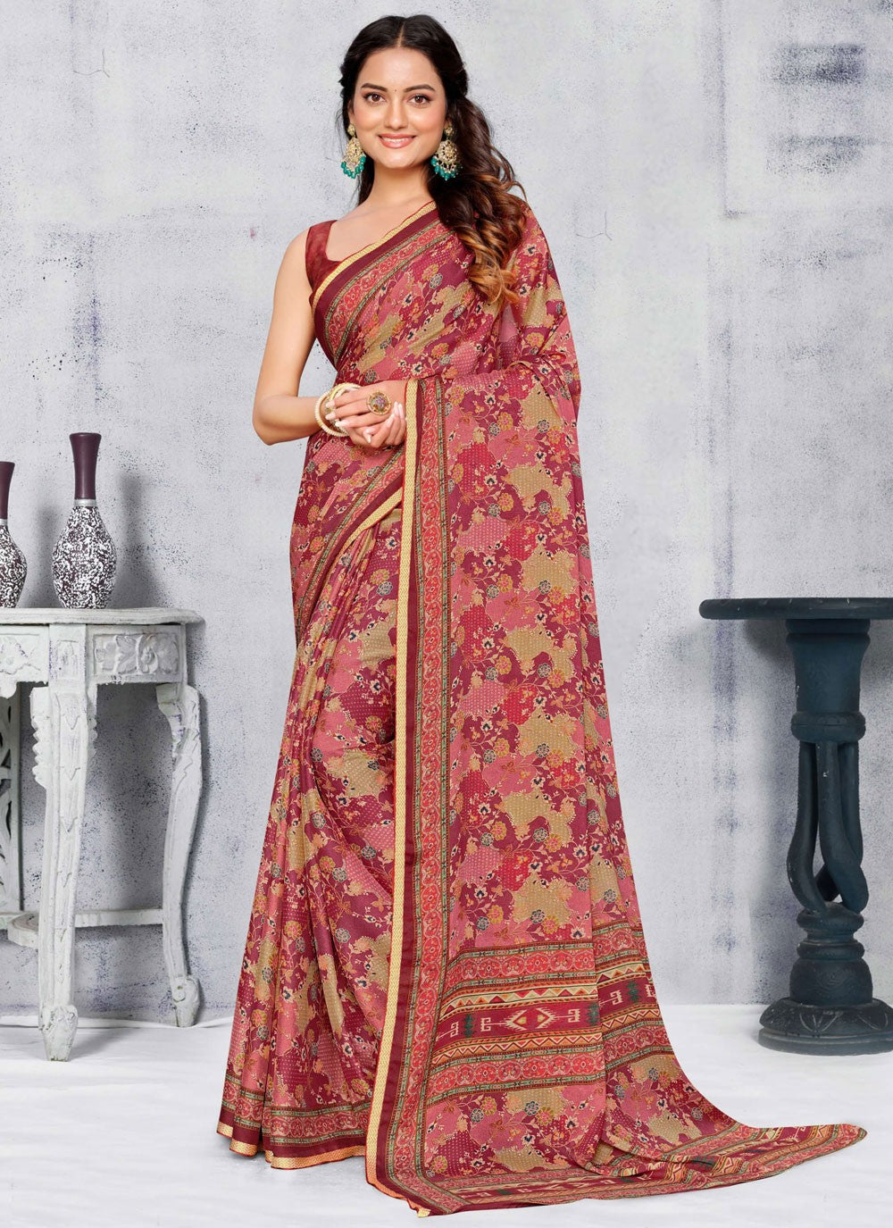 Traditional Printed Maroon, Pink Pure Crepe Saree S12515