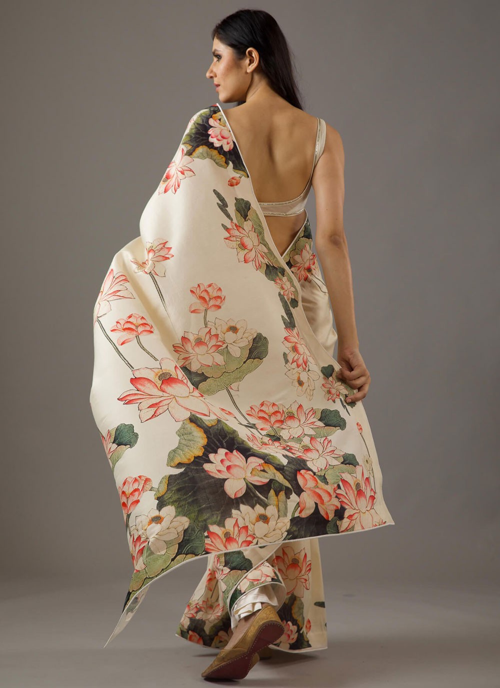 Designer Printed Off White Pure Crepe Saree S13573