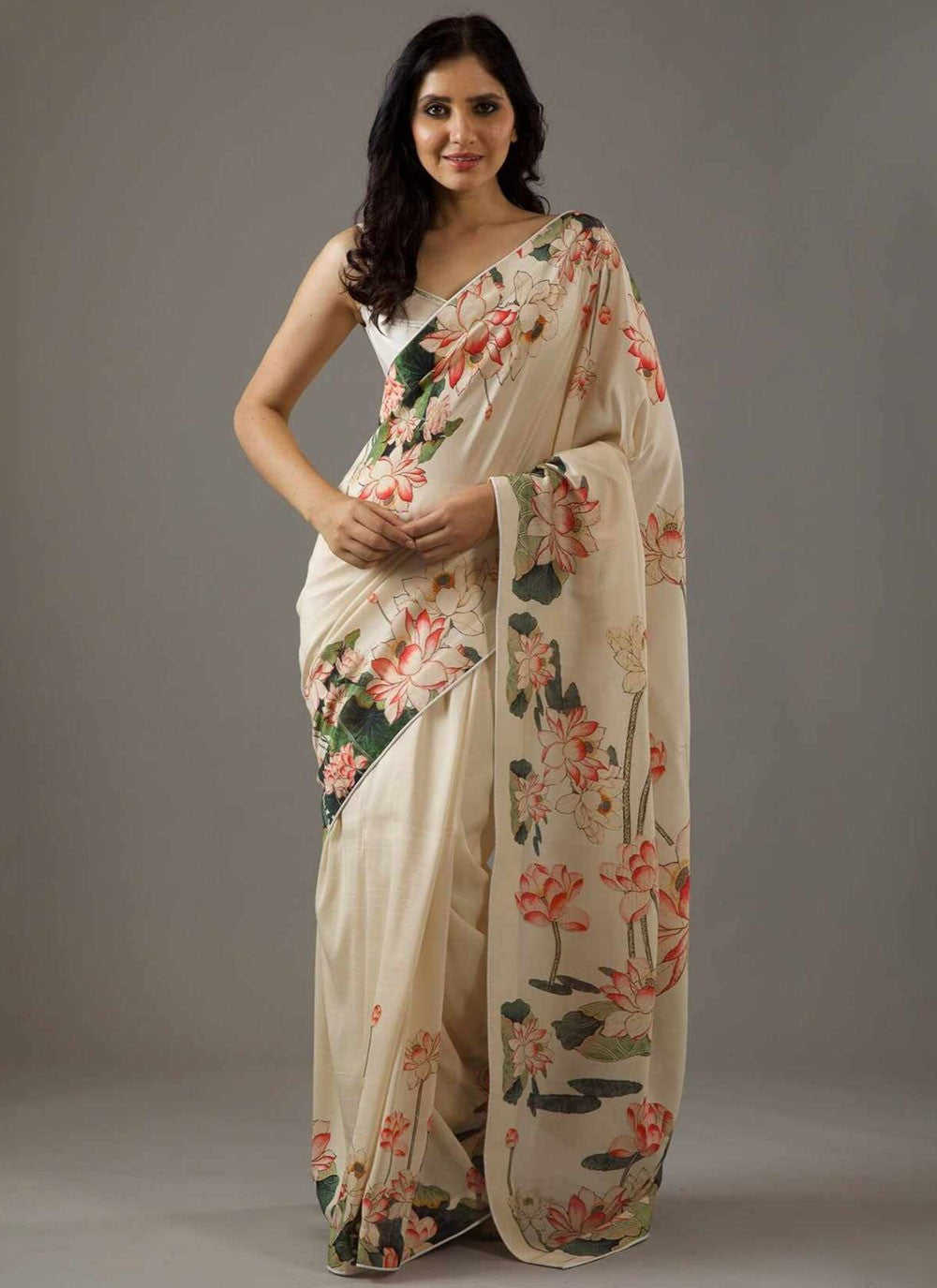 Designer Printed Off White Pure Crepe Saree S13573
