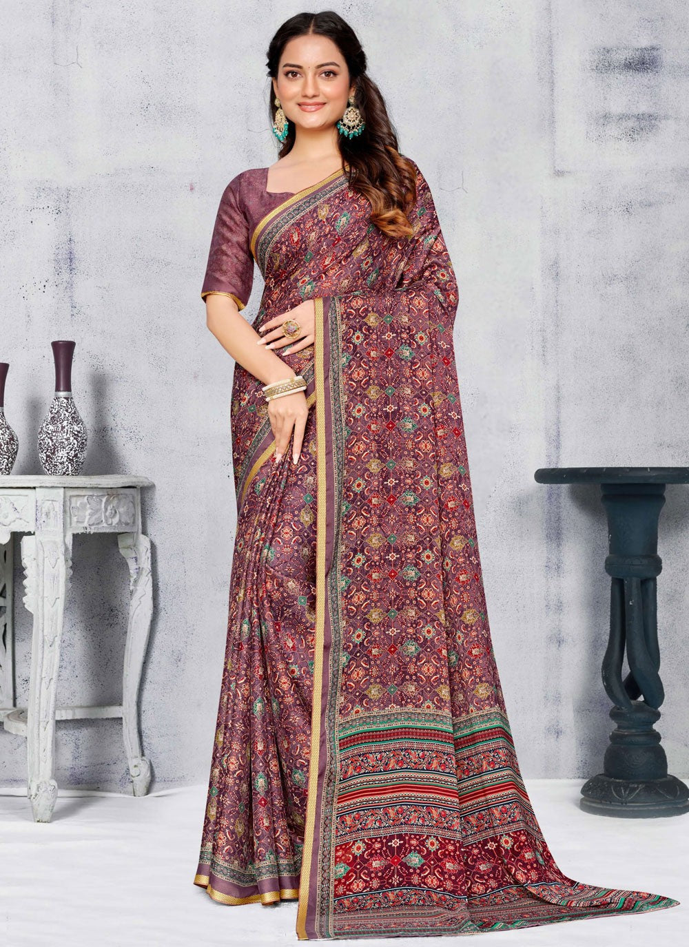 Trendy Saree Printed Burgundy Pure Crepe S12519