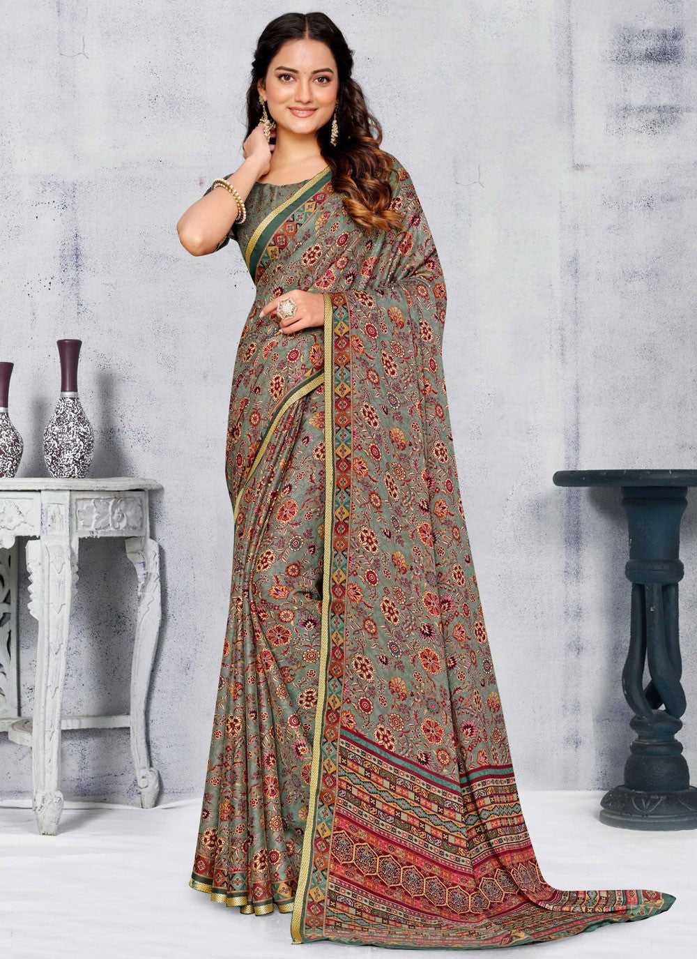 Designer Printed Grey Pure Crepe Saree S12514