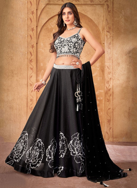 Printed Pure Crepe Black Lehenga - L3206