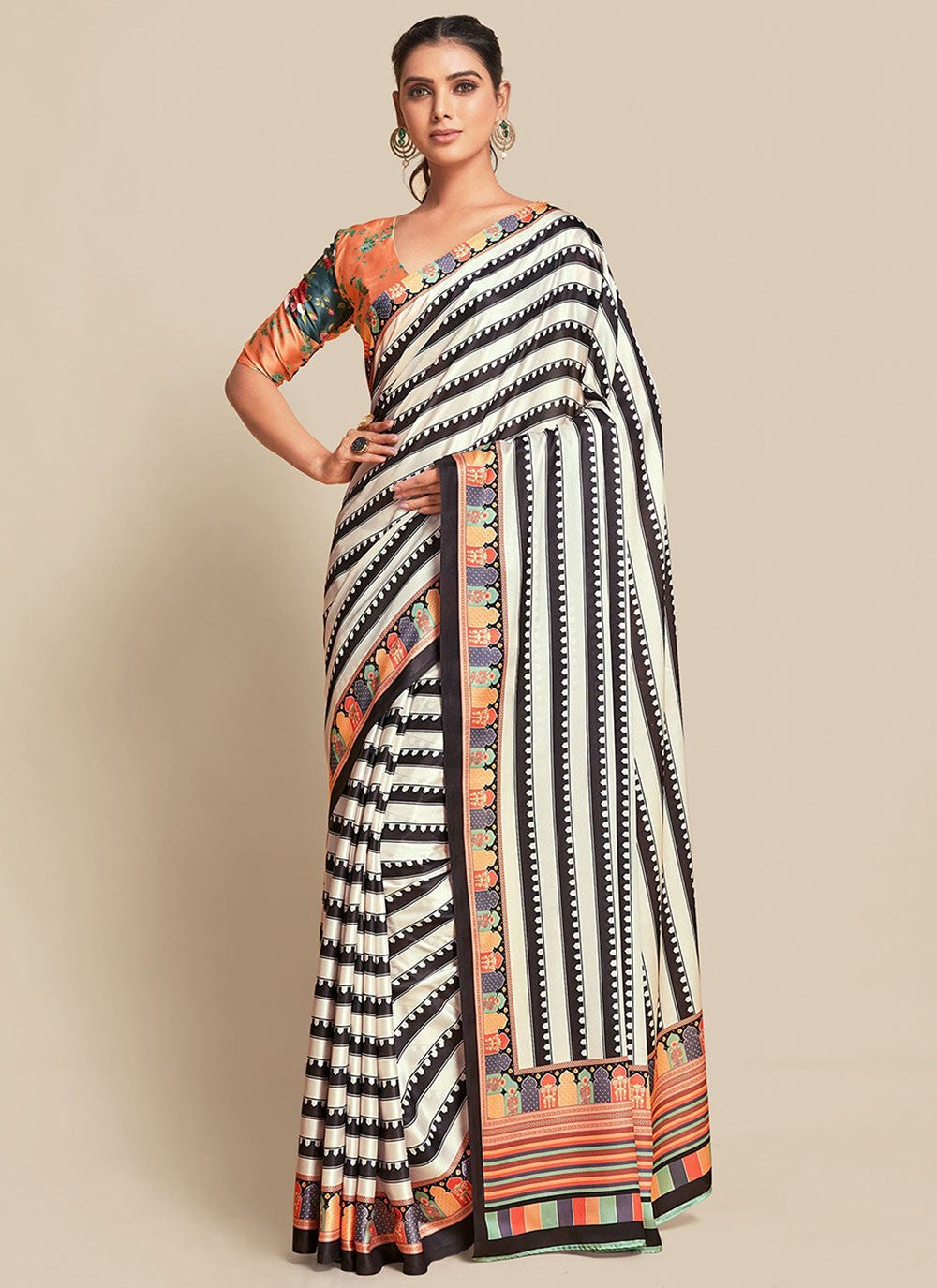Traditional Printed White Pure Crepe Saree S13579