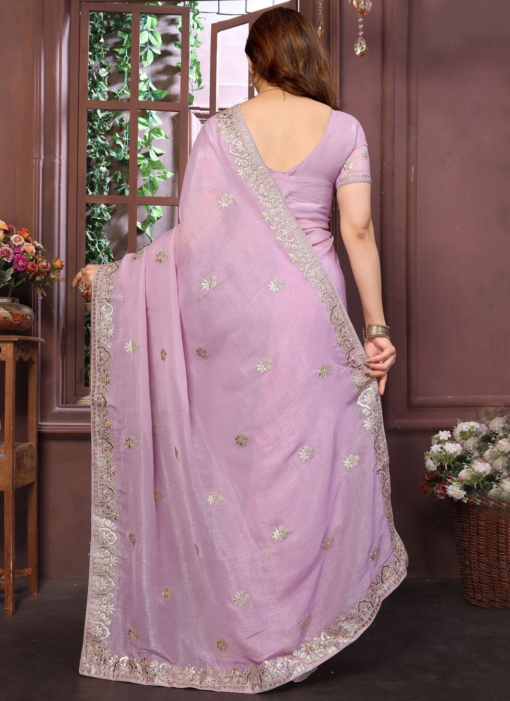 Lavender Pure Crepe Classic Saree Embroidered, Zari S15739