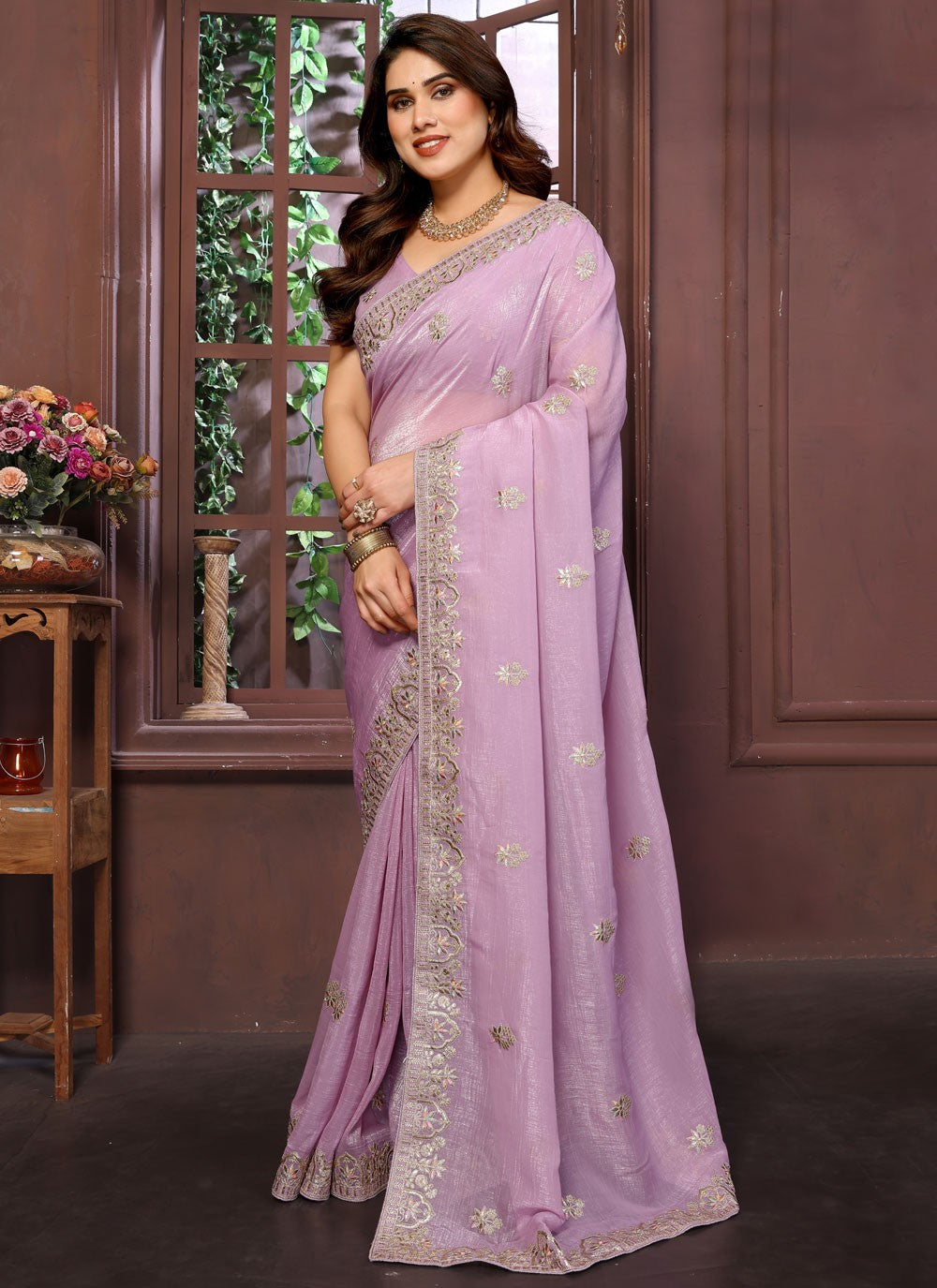 Lavender Pure Crepe Classic Saree Embroidered, Zari S15739