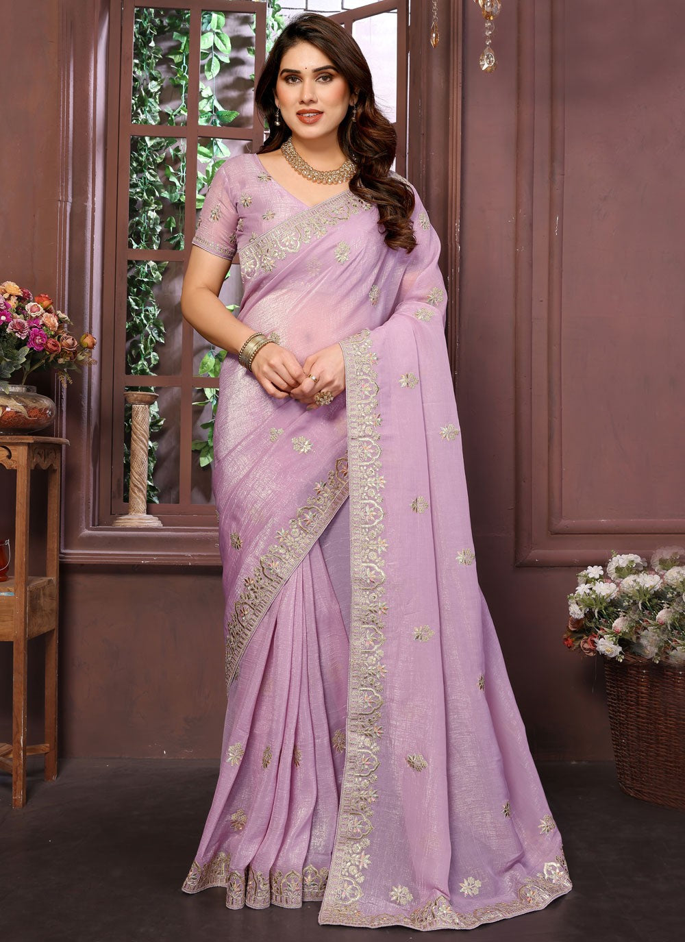 Lavender Pure Crepe Classic Saree Embroidered, Zari S15739