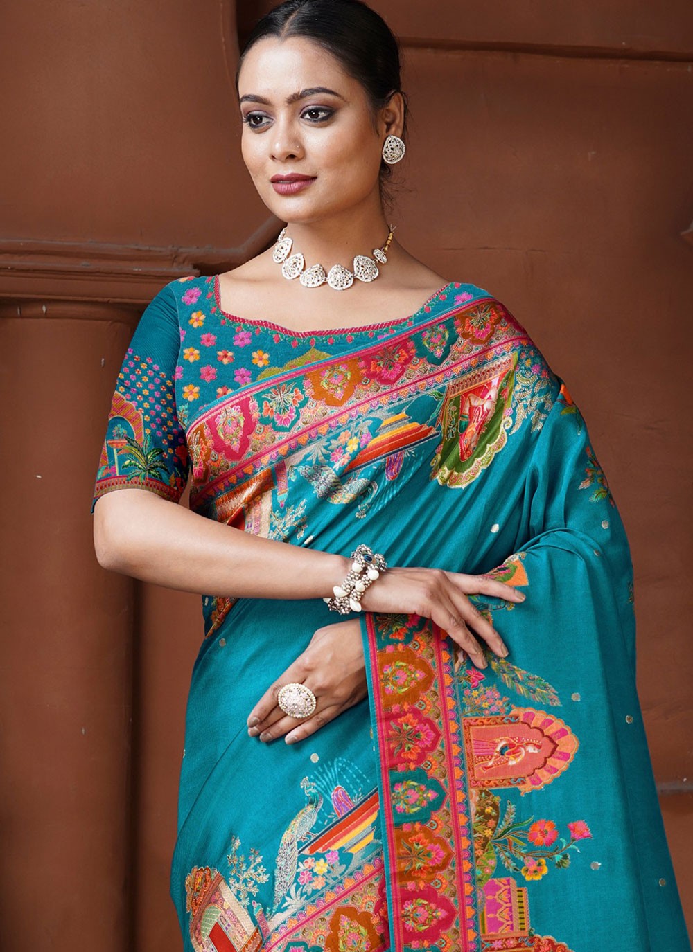 Contemporary Fancy Work Blue Pure Dola Saree S13124