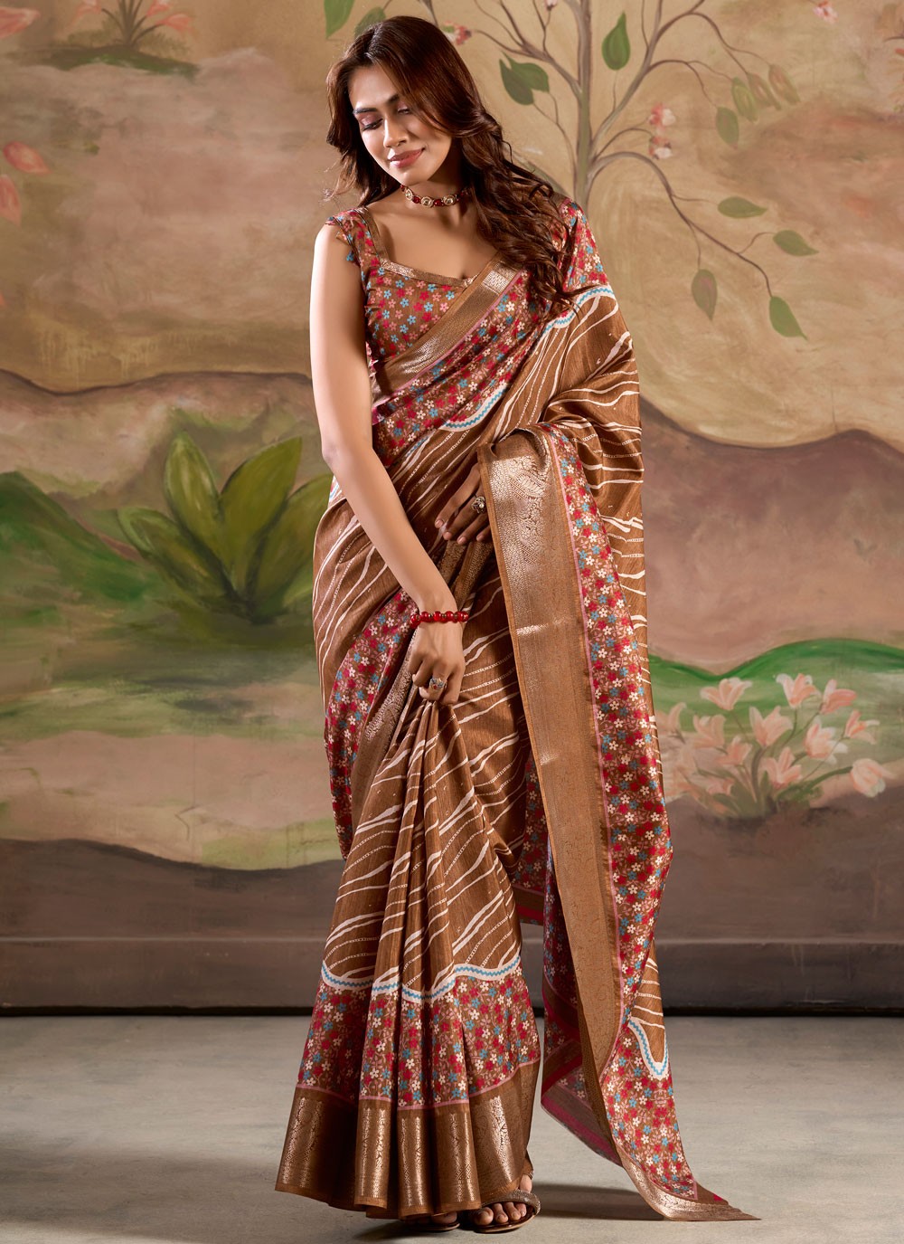 Border Work Pure Dola Brown Classic Saree S15043