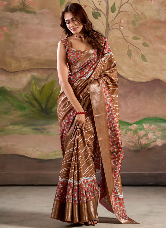 Border Work Pure Dola Brown Classic Saree S15043