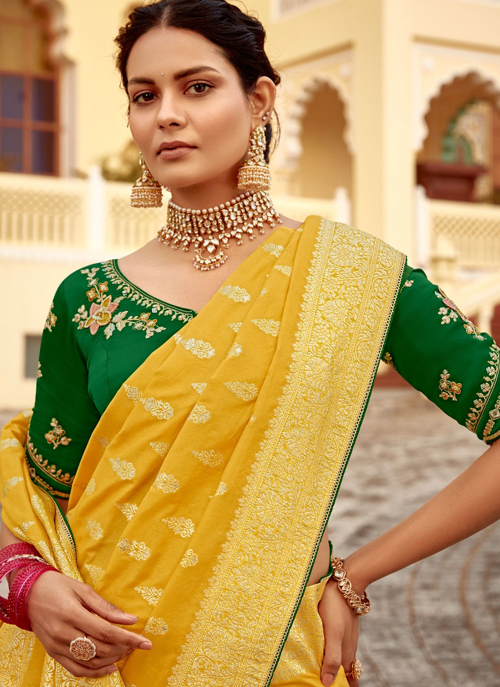 Weaving Zari Pure Dola Yellow Saree S14214
