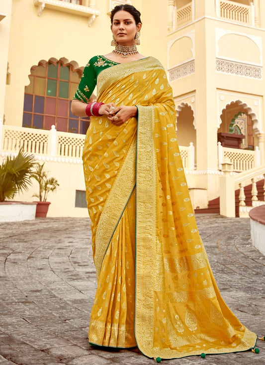 Weaving Zari Pure Dola Yellow Saree S14214