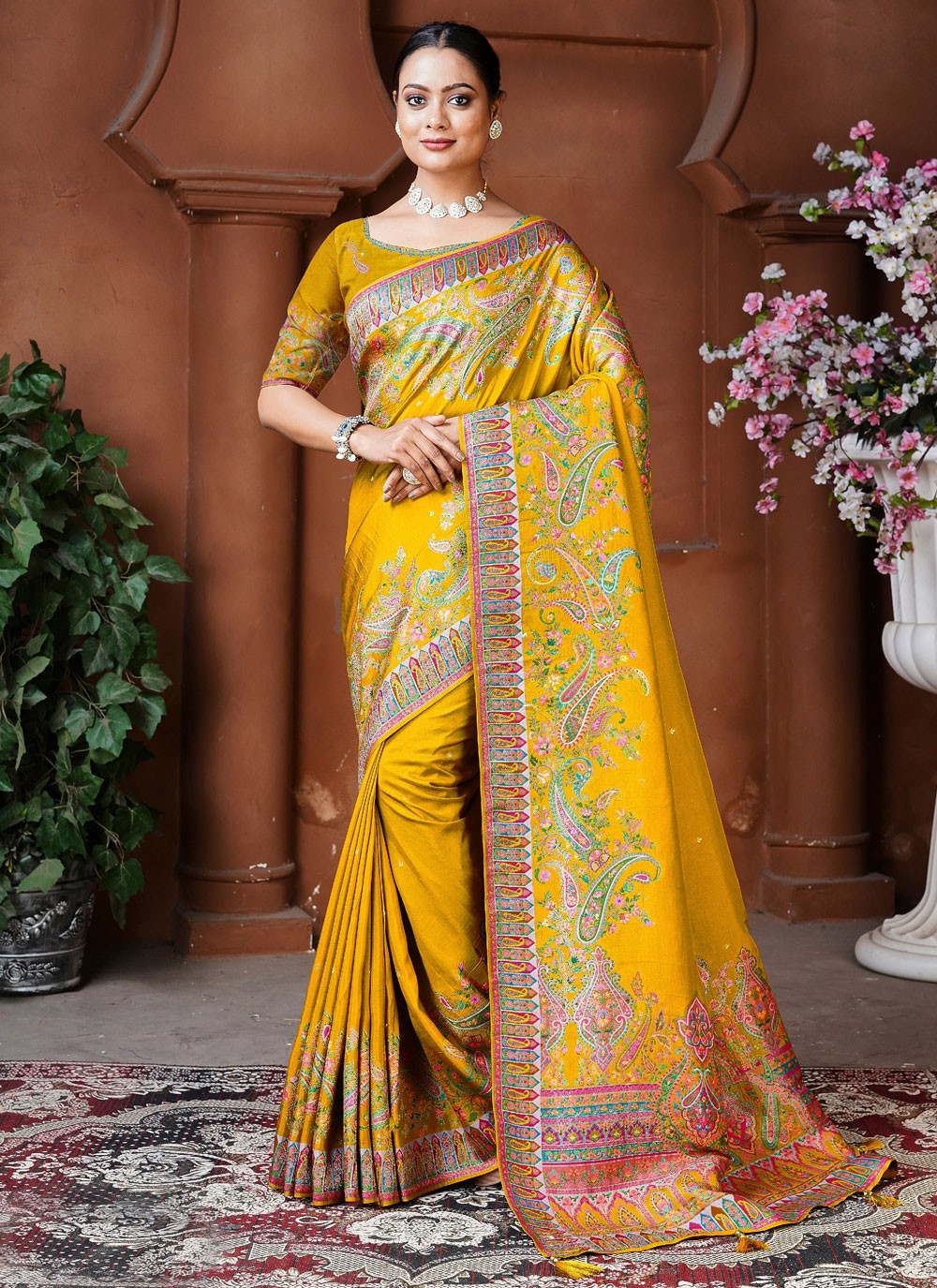 Trendy Saree Fancy Work Gold Pure Dola Saree S13126
