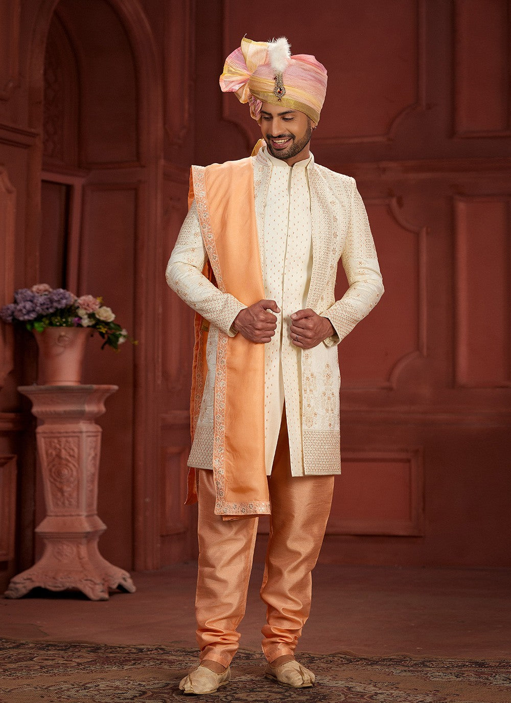 Embroidered Pure Dola, Silk Cream, Peach Sherwani - M7385