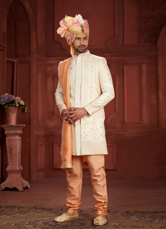 Embroidered Pure Dola, Silk Cream, Peach Sherwani - M7385
