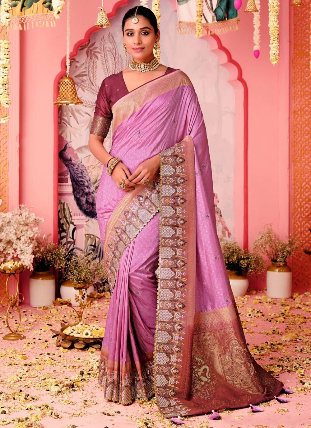 Traditional Embroidered Lavender Pure Dola S12697