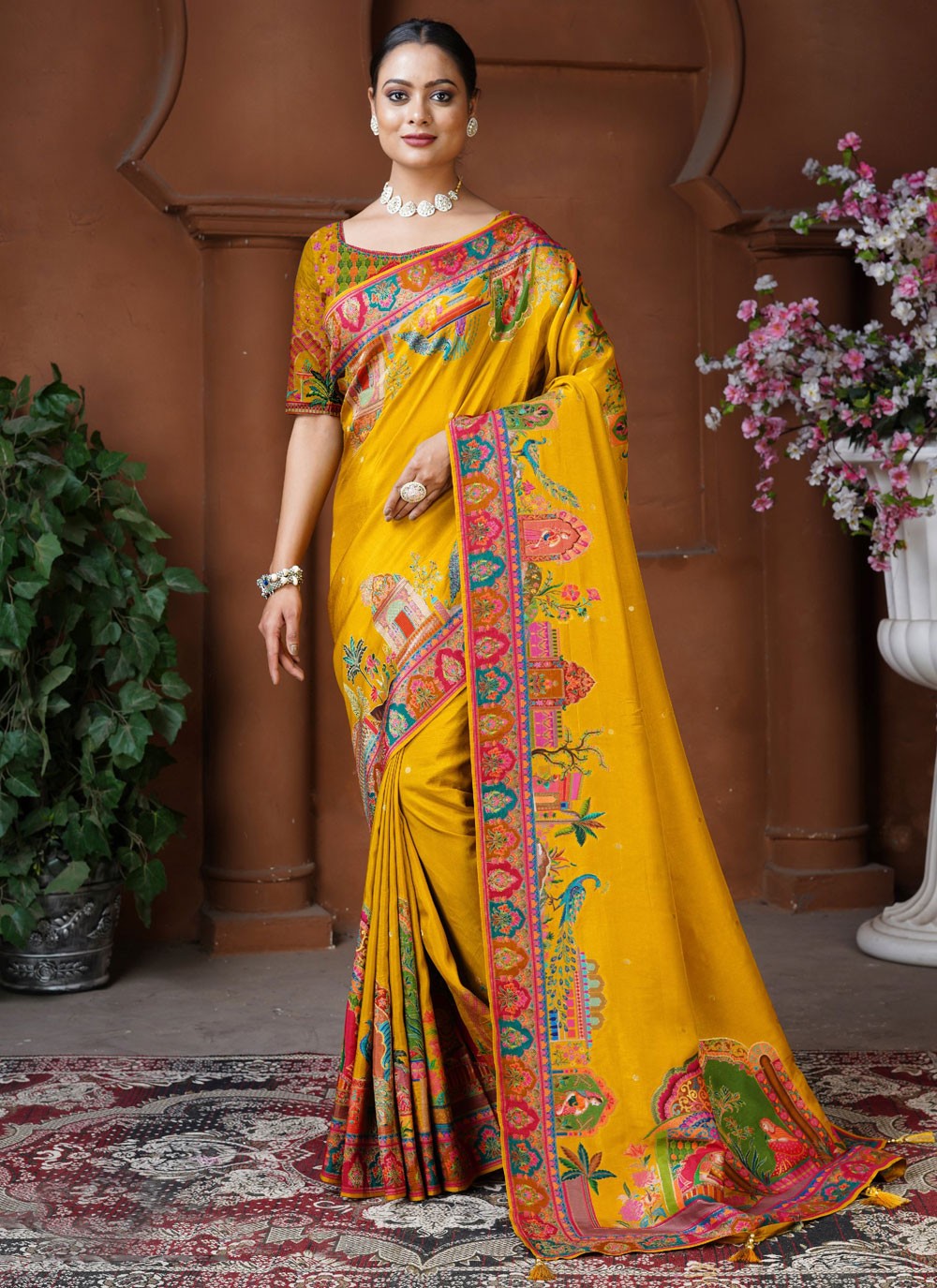 Traditional Fancy Work Mustard Pure Dola Saree S13125