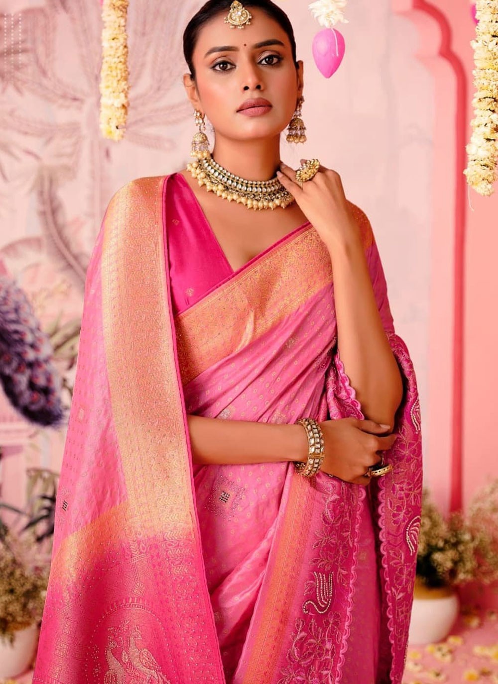Classic Saree Embroidered Pink Pure Dola S12689