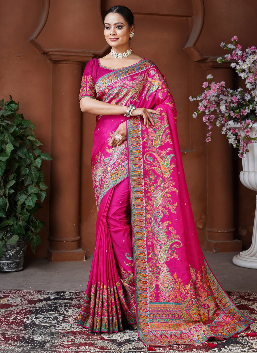 Contemporary Fancy Work Hot Pink Pure Dola Saree S13128
