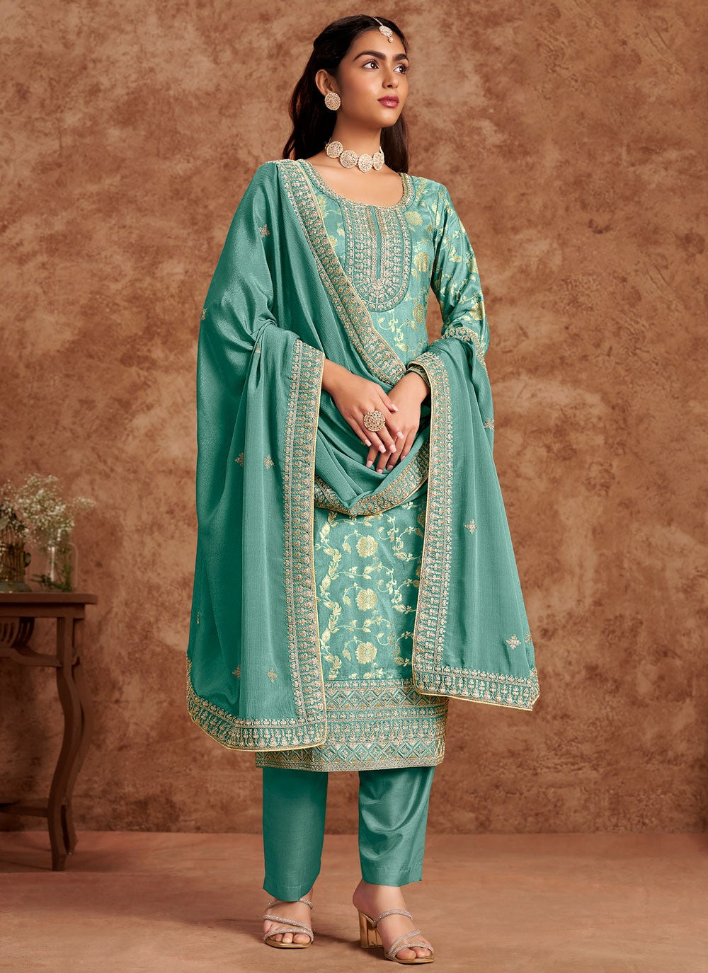 Salwar Suit Embroidered Turquoise Pure Dola T5187