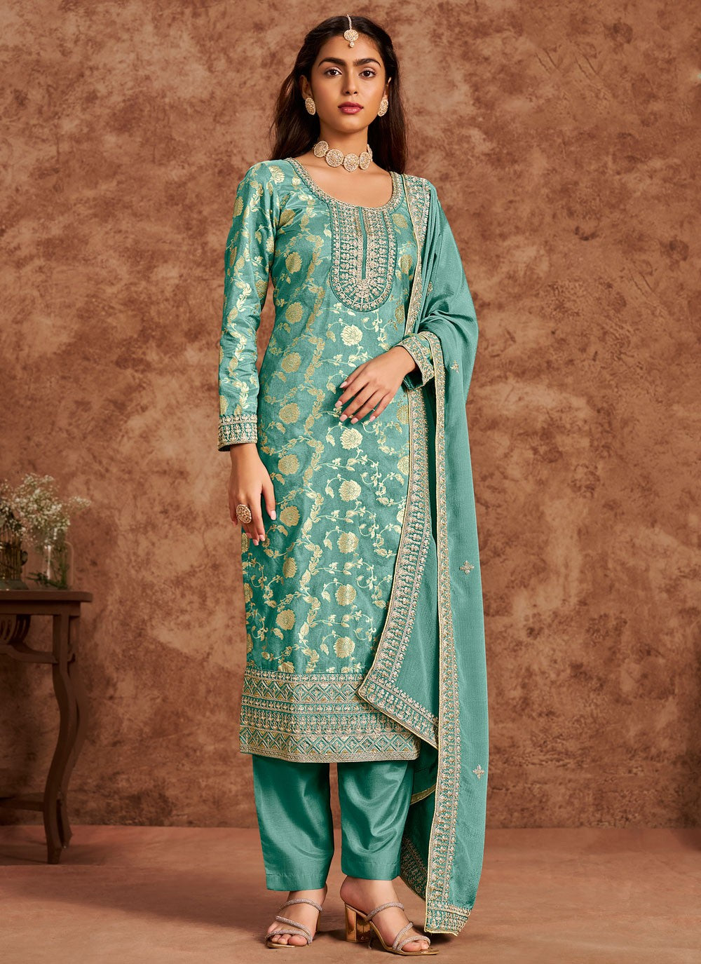 Salwar Suit Embroidered Turquoise Pure Dola T5187