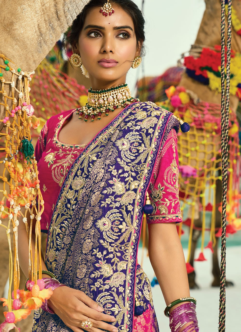 Purple Pure Georgette Bandhej Saree Beads, Cutdana, Embroidered, Fancy Work, Zari S19123