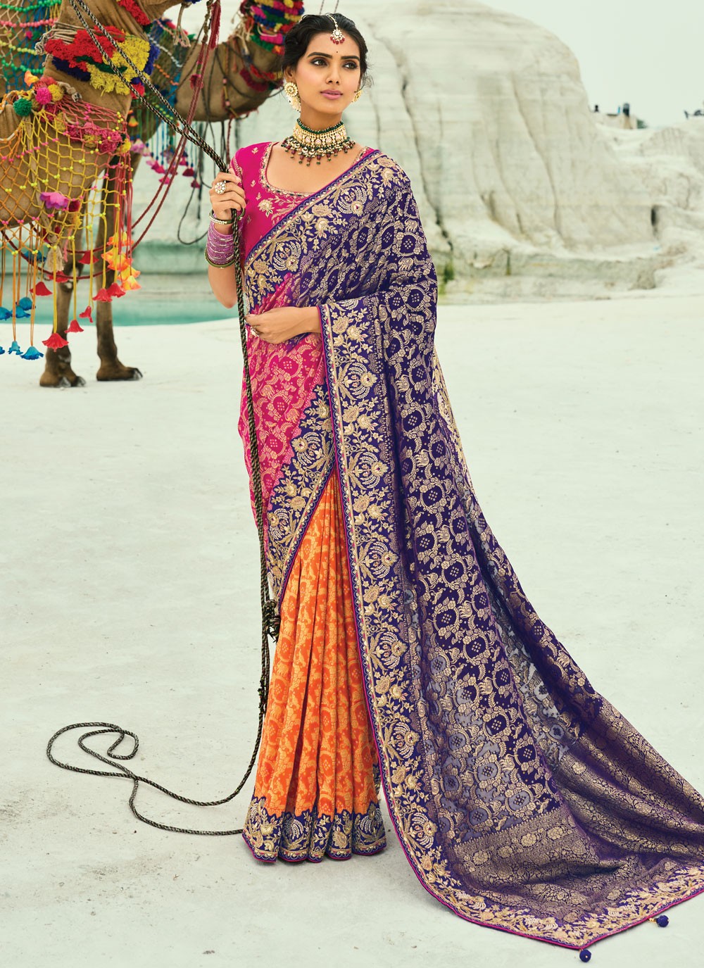 Purple Pure Georgette Bandhej Saree Beads, Cutdana, Embroidered, Fancy Work, Zari S19123