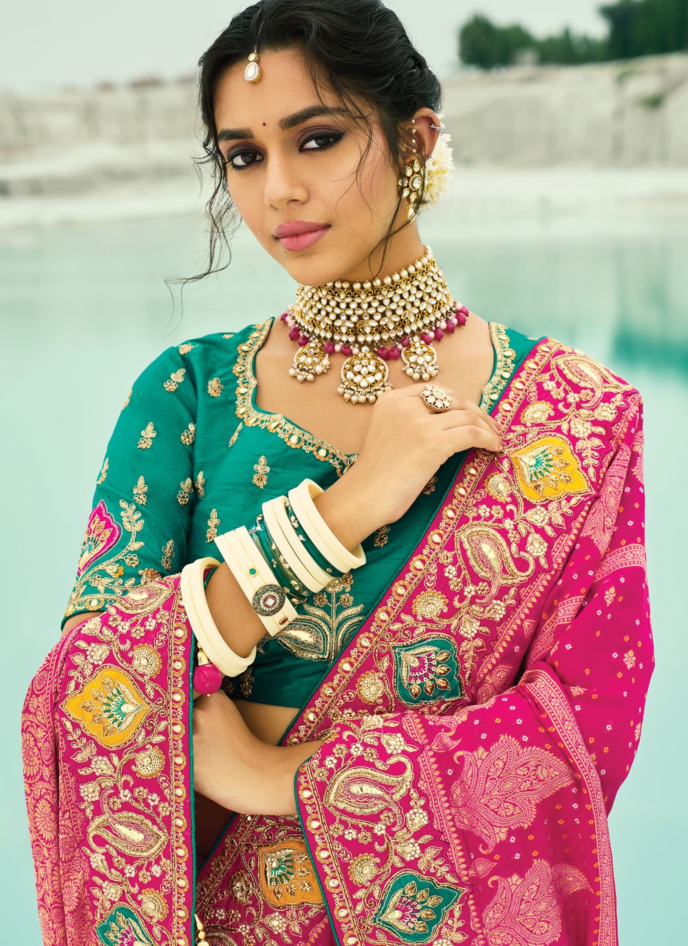 Hot Pink Pure Georgette Bandhej Saree Beads, Cutdana, Embroidered, Fancy Work, Zari S19126