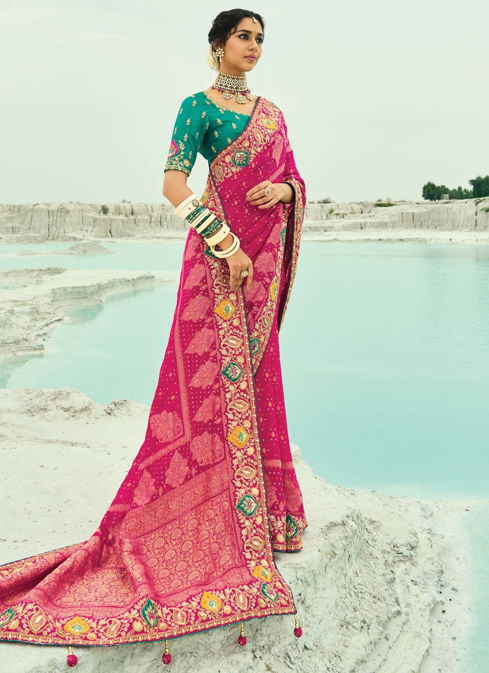 Hot Pink Pure Georgette Bandhej Saree Beads, Cutdana, Embroidered, Fancy Work, Zari S19126