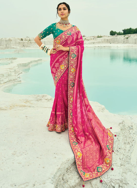 Hot Pink Pure Georgette Bandhej Saree Beads, Cutdana, Embroidered, Fancy Work, Zari S19126